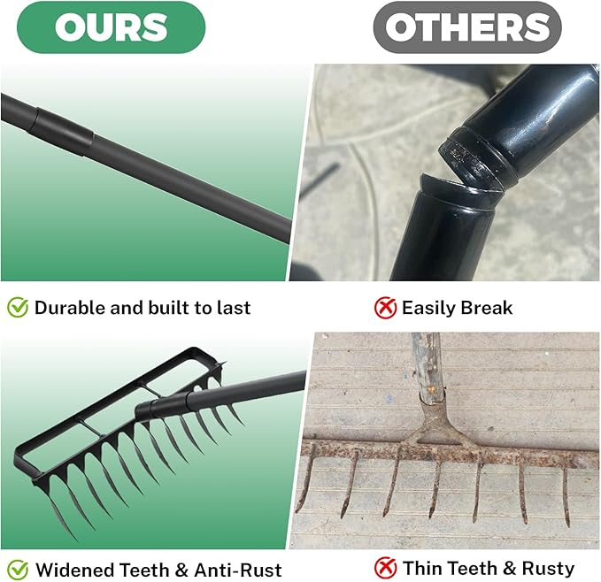 Stirrup Hoe Garden Tool Weed Puller with 76.8Inch Adjustable Stainless Steel Handle, Heavy Duty Garden Hoe and 12 Tines Rake 2 in 1 Gardening Tools Garden Cultivator for Weeding Soil Loosening, Black