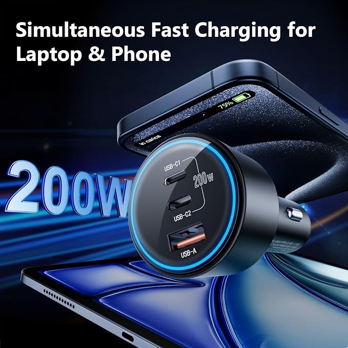 USB C Car Charger Fast Charging 200W Dual PD 100W Type C Car Charger， | PD3.0/QC4.0/PPS Cigarette Lighter Adapter for iPhone 16/15/14/13/12 Galaxy S22/S21 Ultra MacBook Laptop etc