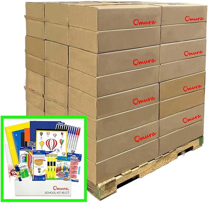 OMURA Learning Elementary School Back to School Supply Box, 85-Piece Classroom Essentials Kit – Bulk Pallet Pack (112 Units)