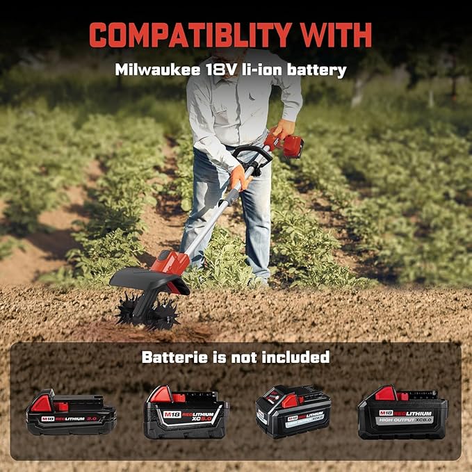 Cordless Tiller Cultivator for Milwaukee 18V Battery(Tool Only),Brushless Motor,Electric Garden Tiller w/360 RPM, 9In Tilling Width and 6.6In Depth Garden Rototiller for Lawn/Soil Cultivation