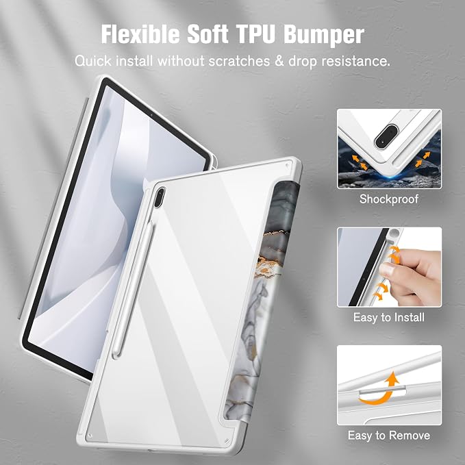 Fintie Clear Case for Samsung Galaxy Tab S8 Plus/ S7 FE/ S7 Plus 12.4 Inch | Transparent Back Shell Viewing &amp Typing Angles Shockproof S Pen Holder Auto Wake/Sleep Black