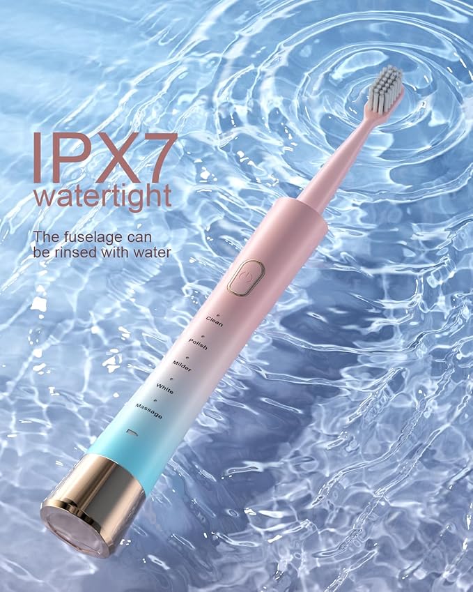 AJELU Pink & Blue Gradient Rechargeable Sonic Electric Toothbrush for Adults, 5 Modes with Smart Timer, 8 Replacement Brush Heads Soft Bristles, High Vibration, Perfect for Home, Travel, Gift