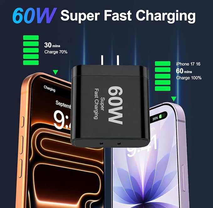 iPhone 17 Charger45W Fast Charging Dual Port USB C Charger Block with 3/6/10/10FT Type C Charging Cable-PD Quick Adapter 3.0 for iPhone 17e/17/17 Pro/17 Pro Max/Air/16/15 Pro Max/PlusiPad (Black)