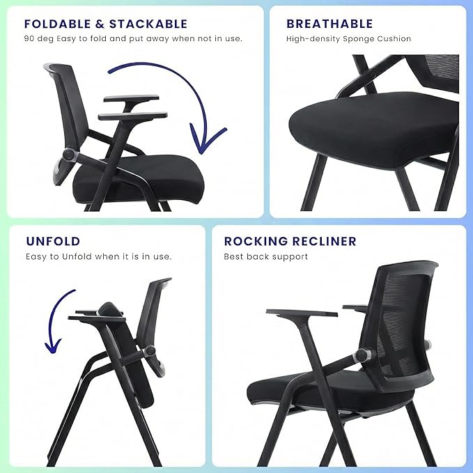 12 Pack Stackable Conference Room Chairs with Paddle Folding Office Chair Foldable Desk Chair Mesh Back and Arms for Conference Meeting Guest Reception Home Office Training Room Chair Black