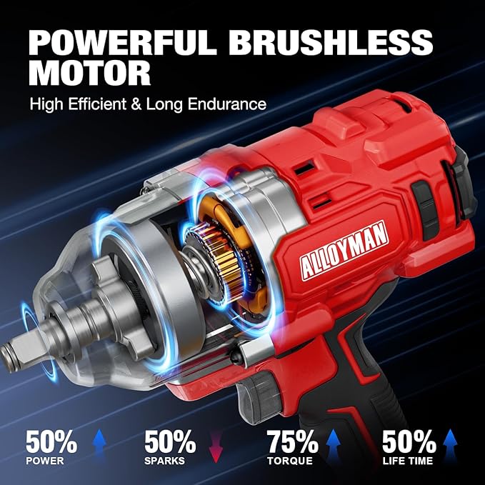 Alloyman Cordless Impact Wrench, 1475Ft-lbs (2000N.m) 1/2 High Torque Brushless Impact Gun, 20V Power Impact Driver, 2*4000mAh Battery,3 Sockets, Brushless Motor Variable Speeds for Car/Truck RV/Mower
