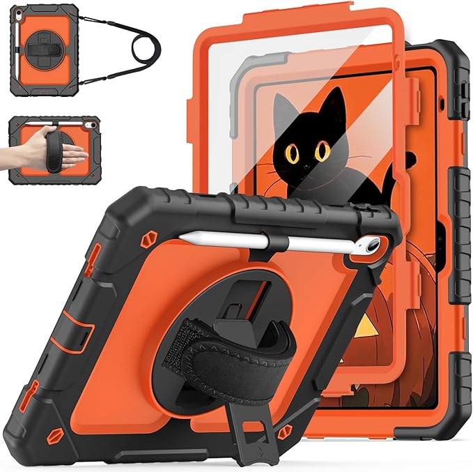 Cantis Case for iPad 11-inch (A16) 2025/ iPad 10th Generation 2022 (10.9 inch) with Screen Protector, iPad 11th Case with 360 Degree Rotating Stand/Shoulder Strap/Pencil Holder, Black+Orange