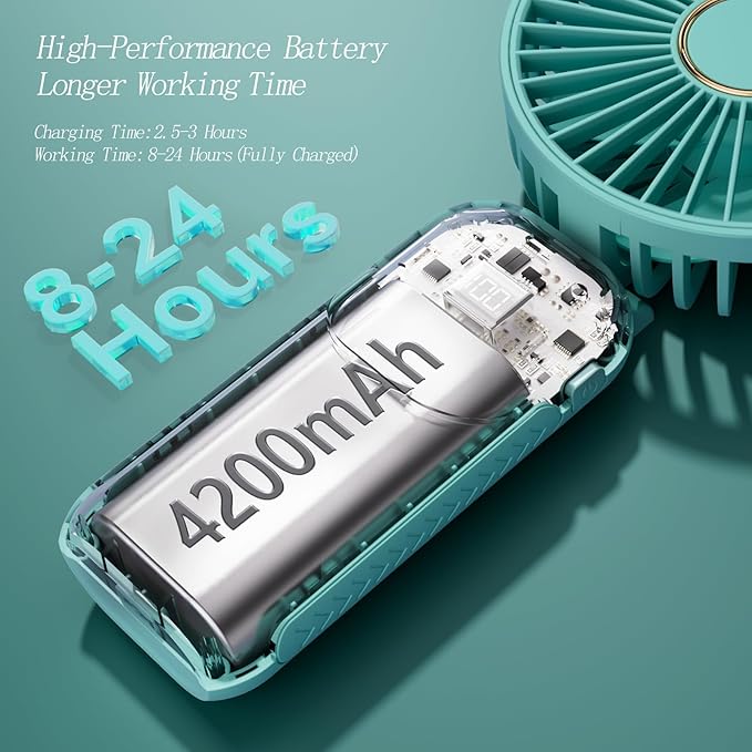 GOCKERA Portable Fan, 4200mAh Battery Operated Fan, 5 Speeds&Digital Display, Makeup Fans for Women with Base, 180°Foldable 3in1 Handheld/Neck/Desk Fan for Outdoor Indoor,Ultra Quiet (Green)