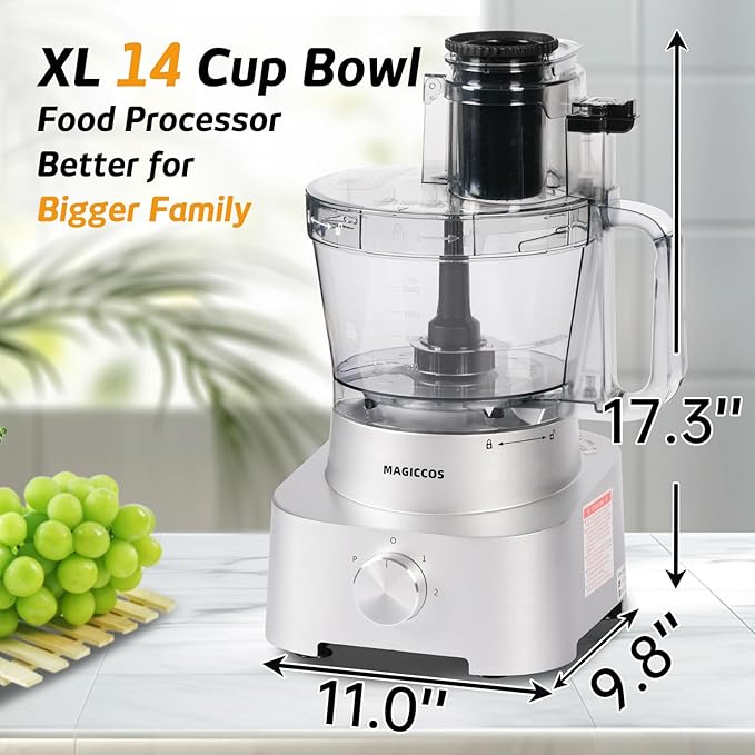 Magiccos 14-Cup Aluminum-Diecast Food-Processor - XL Bowl, Large Chute, 800W Motor & Silver Die-Cast Base, Slicing & Shredding, Chopping & Mixing, For Fries, Cheese, Meat & Veggie Prep, For Home Use