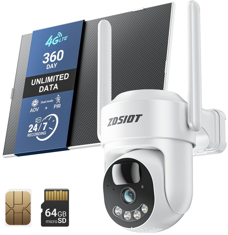 4MP Cellular Security Camera 24/7 Recording with 360-Day SIM Data for Jobsite/Barn/Rural Areas, No WiFi Solar 4G LTE Camera Wireless Outdoor, Motion Detection, 360° Human Tracking, 64GB TF Card