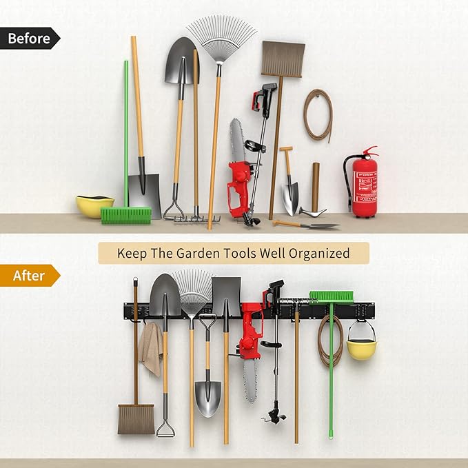 Garage Tool Organizer Wall Mount 11 PCS Garden Tool Organizer Adjustable Garage Organizers with 8 Heavy Duty Hooks, Max Load 500lbs Garage Storage for Yard Garden Tools, Shovels, Trimmers, Hoses