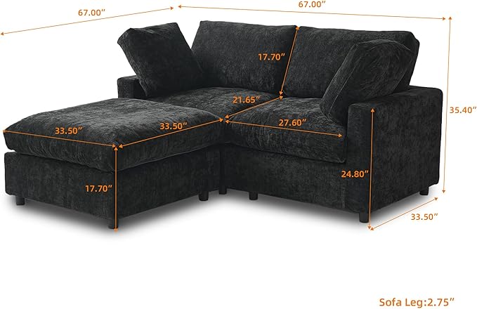 JACH 67" Love Seat Sectional Couches with Chaise Ottoman, Modern Convertible Modular Sofa, Cloud Sectional Couch, Sofa Covers Washable, Minimalist Couch for Living Room, Bedroom, Apartment, Black