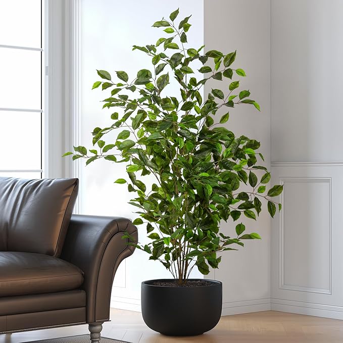 Artificial Ficus Tree Indoor 4ft, Large Potted Faux Tree with Realistic Silk Leaves & Trunk for Home Office, Living Room Corner Decor