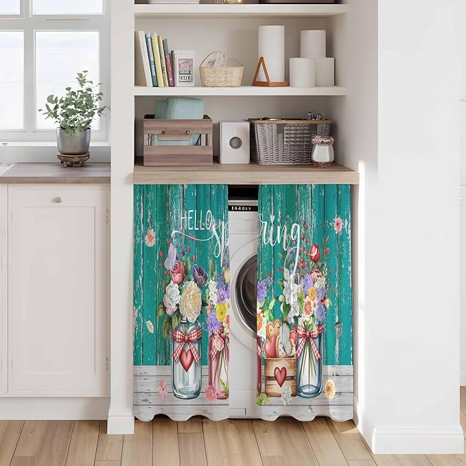 Spring Flowers Kitchen Curtains, Farmhouse Watercolor Teal Wood Grain Light