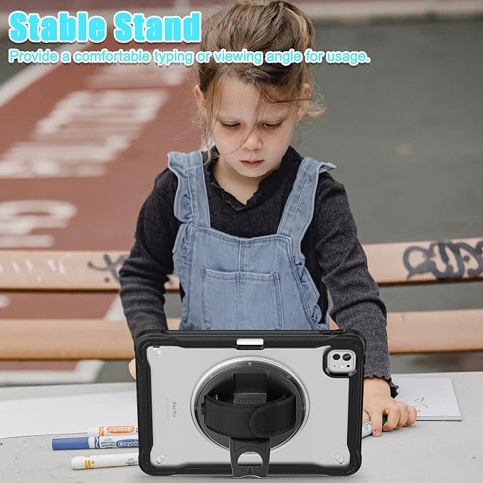 ZenRich Clear Case for iPad Pro 11-inch M5 2025 / M4 2024 LightBlue | Screen Protector Pencil Holder 360°Rotating Kickstand Carrying Strap Shockproof Protective Rugged