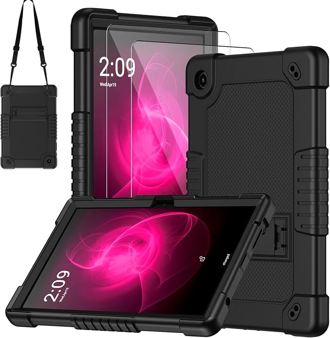 for T-Mobile Revvl Tab 2 Tablet Case with Tempered Glass Screen Protector Revvl Tab 2 Heavy Duty Shockproof Protective Case Stand Shoulder Strap for T-Mobile Revvl Tab 2 (Black&amp2Pcs)