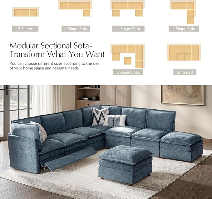 HULALA HOME 128'' Power Recliner Sofa with Storage Ottoman, Oversized Modular Sectional Sofa L Shaped Couch with Double-Layered Cushions, 8 Seater Cloud Couch for Living Room, Blue