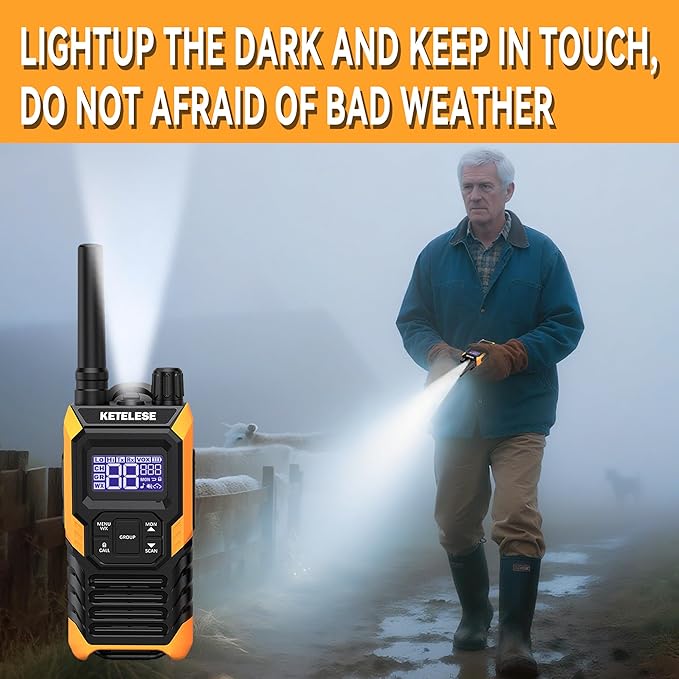 KETELESE T4 Walkie Talkie IP67 Waterproof, Type-C Rechargable Two Way Radio, Dual PTT, NOAA Weather, VOX, Group, Scan, FRS Radios 2 Watts, for Adults, 2Pack, Orange