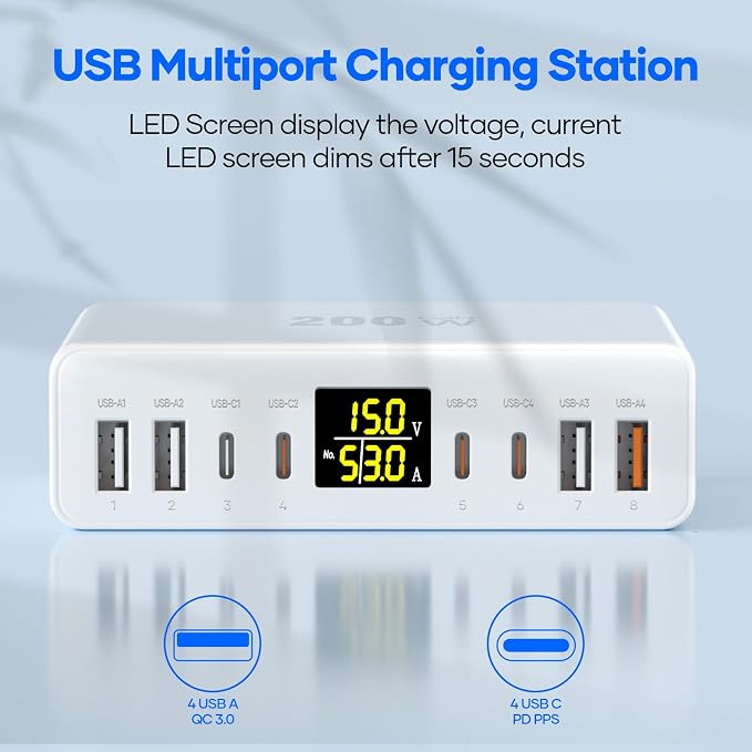 200W USB C Charger 8-Port with LED Display USB Charging Station | GaN Multiport Fast Charger Block PD QC 3.0 PPS USBC Charging Hub Compatible with iPhone Samsung Mac Laptop Pad Matte White