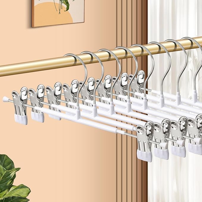10 Pack 12Inch Heavy Duty Pants Skirt Hangers with Clips,Metal Trousers Hanger for Jeans White Non Slip Women Shorts Hangers Saving Space Clothing Hanger for Adult,Men,Children,Kid,Baby
