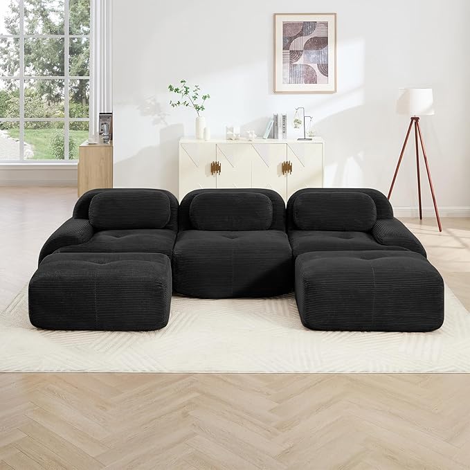 Black Ottoman for Modular Sectional Sofa, Corduroy Deep Seat for Oversized Compressed Boneless Sectional Couches for Living Room Bedroom Apartment, Cloud Sofa Couch Set, Memory Foam, No Assembly