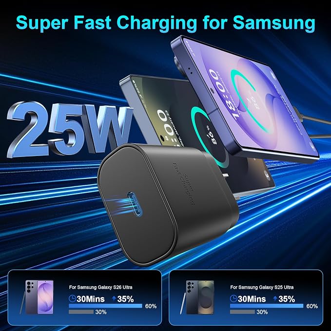 Super Fast Charger Type C 25W USB C Wall Charger Fast Charging for Samsung Galaxy S26 Ultra/S26/S26+/S25 Ultra/S25/24 Ultra/S24/S23 Ultra/S22 Ultra with 10FT Long Android Type C Charger Cable 2Pack