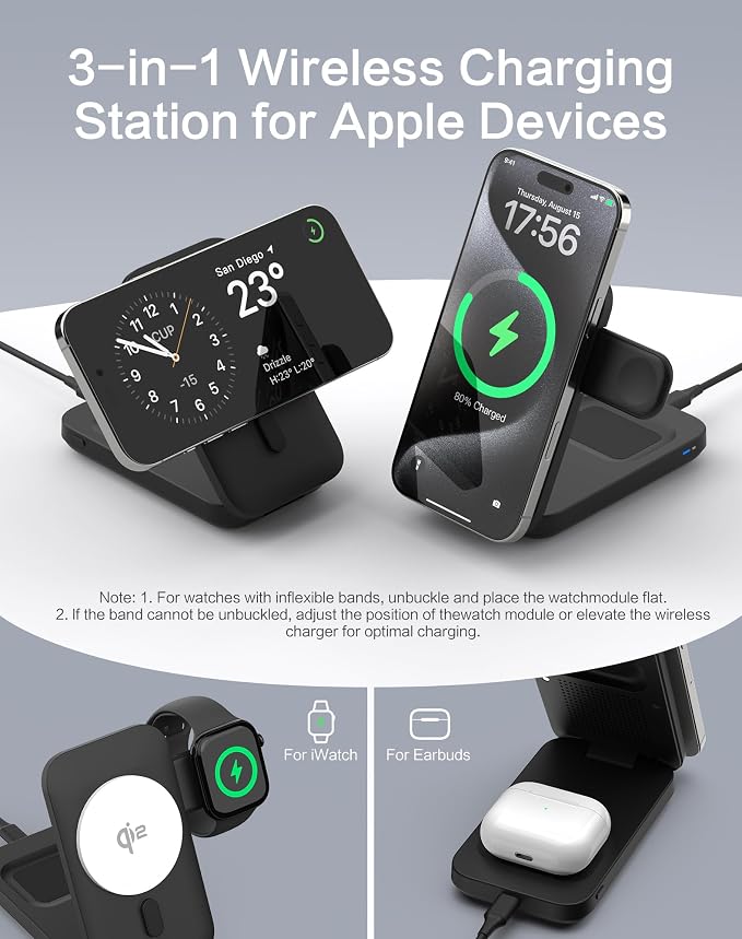 3 in 1 Wireless Charging Station for iPhone 17-12 Series Foldable 15W Wireless Charger Compatible with iWatch 5-10 AirPods (with 30w Adapter)