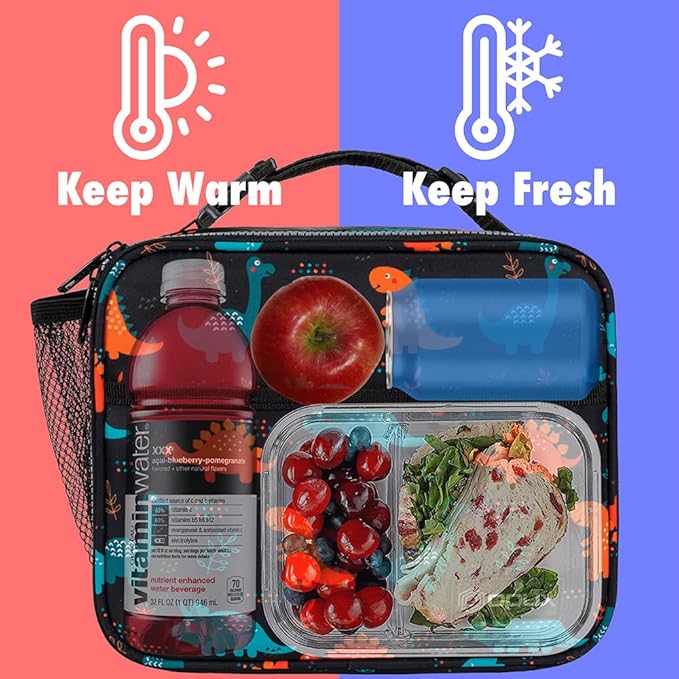 opux Insulated Lunch Bag Kids, Lunch Box for School Boy Girl, Leakproof Small Reusable Compact Soft Mini Cooler Bag, Toddler Small Lunch Boxes Kit Pail with Front Side Pockets (Dinosaur)