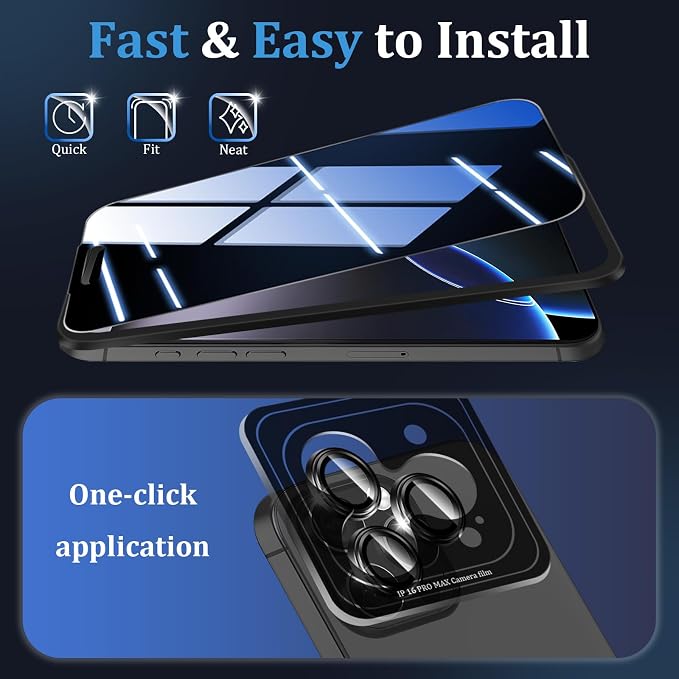 (3+2 Pack) 360° Privacy Screen Protector for iPhone 16 Pro Max 【4 Way Anti Spy】 + Camera Lens Protector9H Shatterproof Anti-PeepBubble-Free Case Friendly Easy Installation Frame Included