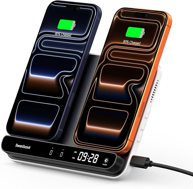 Dual Phone Foldable Wireless Charging Station for iPhone Galaxy Pixel | Dual phone charging Foldable portable stand Dimmable clock Case friendly Raised charging area flat mode for earbuds 504