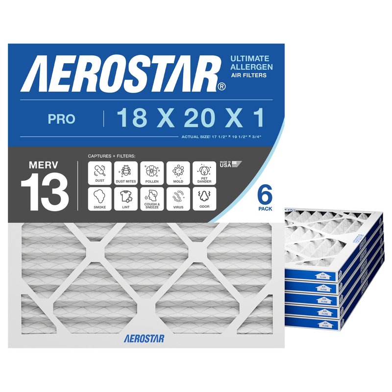 Aerostar 18x20x1 MERV 13 Pleated Air Filter, AC Furnace Air Filter, 6-Pack (Actual Size: 17 3/4" x 19 3/4" x 3/4")