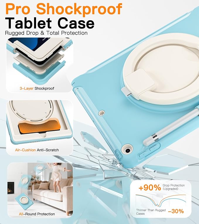 BATYUE Shockproof Case for iPad 9th 8th 7th Gen 10.2 Inch Black | 3in1 PC+TPU Heavy Duty 360° Rotatable Ring Stand for Grip Carry Hang &amp Multi-Angle View Screen Protector Pencil Holder