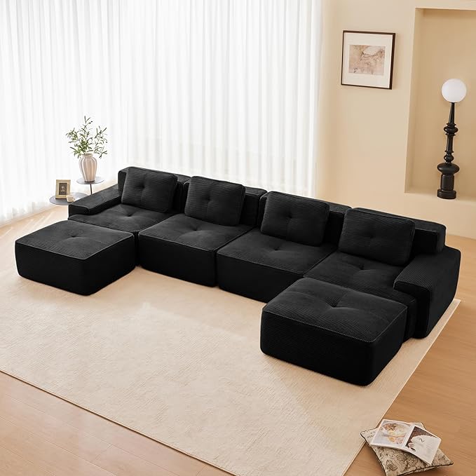 Black Ottoman for Modular Sectional Sofa, Corduroy Deep Seat for Oversized Compressed Boneless Sectional Couches for Living Room Bedroom Apartment, Cloud Sofa Couch Set, Memory Foam, No Assembly