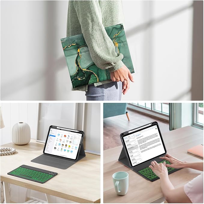 Soke for iPad (A16) 11th/10th Gen Case with Keyboard Black Marble | For iPad 11/10.9 inch(2025/2022) 7 Color Backlight Magnetic wireless Detachable Keyboard Case Built-in Pencil Holder