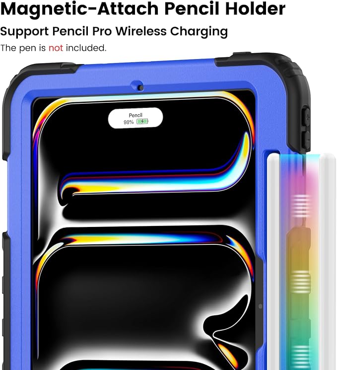 for iPad Pro 11 inch Protective Case M5 2025/M4 2024: Heavy Duty Shockproof Case with Pencil Holder - 360°Rotating Handle/Stand - Screen Protector - Shoulder Strap Black/Sky Blue