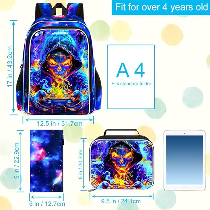 KLFVB 3PCS Bookbag for Boys, 17" Kids Gaming School Backpack and Lunch Box, Water Resistant Backpack for Teenagers Middle Elementary - Skull Game