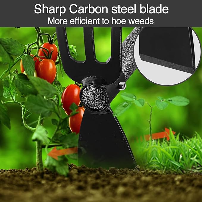 Hoe and Cultivator Gardening Hand Tools, Heavy Duty Stainless Steel Garden Hoe and 3 Fork Hand Tiller for Gardening Weeding Planting with Adjustable Handle 30-45 inch