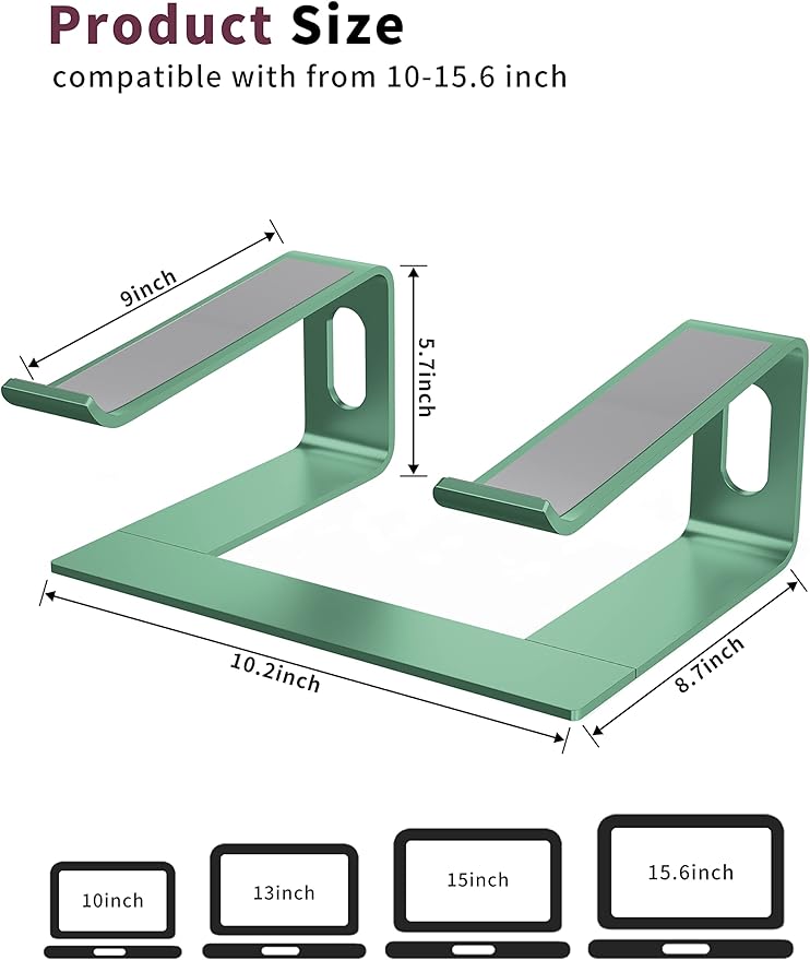 ALASHI Laptop Stand for Desk, Aluminum Computer Riser, Ergonomic Notebook Holder, Detachable Metal Laptops Elevator, PC Cooling Mount Support 10 to 15.6 Inches Notebook, Light Green