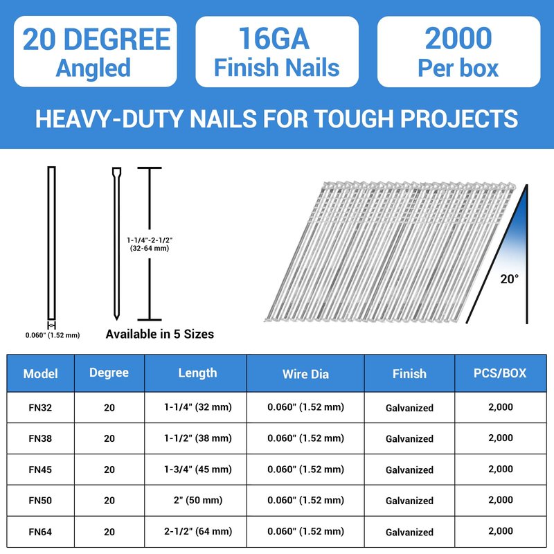 meite 16 Gauge 20 Degree Angled Finish Nails 1-1/2 Inch Galvanized Rust-Proof Finishing Nails for Electric or Pneumatic Finish Nailer - Cabinet Crown Baseboard Trim & Molding (2,000 PCS)