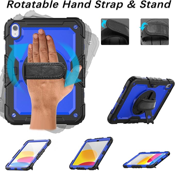 Weuiean Case for iPad A16 11th/10th Generation 11/10.9 Military-Grade Heavy-Duty Shockproof Cover with 360° Rotating Stand Built-in Pencil Holder &amp Adjustable Hand/Shoulder Strap - Black