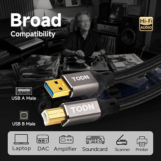 TODN Audiophile USB A to USB B Cable OCC Silver Plated USB Audio Cable HiFi 3.0 USB A to B Cable for DAC Sound Card Digital Piano Mixer Amplifier &amp Printer (9.8FT/3M)