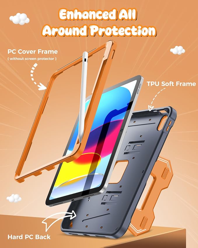 INFILAND Kids Case for iPad A16 11th Generation 11 Inch (2025) iPad 10th Generation 10.9 Inch (2022) Heavy Duty Rugged Shockproof Protective Cover with Dual-Support Folding Kickstand (Black)