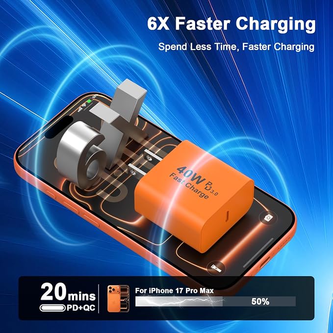 40W USB C Charger Block 2 Pack iPhone 17 16 15 Charger Block Brick Orange | 40 Watt USB C Wall Charger USBC Power Adapter Type C Brick Cube for iPhone 17/17 Pro/17 Pro Max/Air/16 15 14 13 12 11 Gal