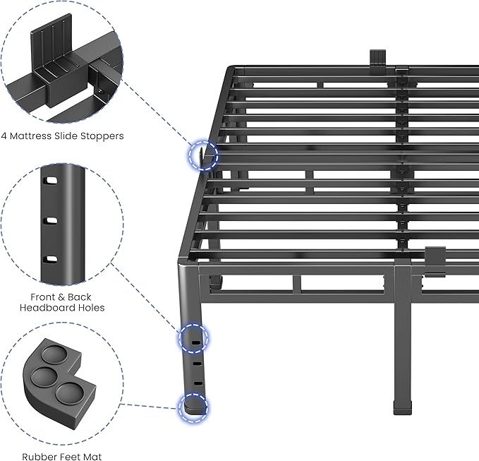 NKZ 22 Inch Full Size Bed Frame, Metal Bed Frame & Box Spring 2 in 1 Platform with Round Corner Legs, 4000Lbs Heavy Duty Metal Frame, Mattress Slide Stopper, Headboard Hole, Noise-Free, Easy Assembly