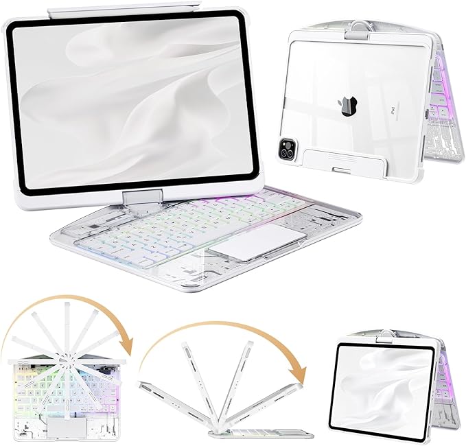360°Rotation Bluetooth Keyboard Case for iPad 11th Gen（A16）10th 10.9 inch | iPad keyboard case 11/10th generationTouchpadKeyboard Battery Level Visualization360° rotateand 180° flip7-color backlit