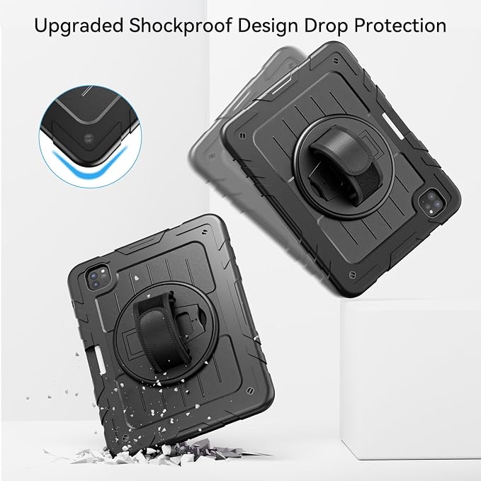 iPad Pro 11 inch Case with Rotating Stand &amp Shoulder Strap Heavy Duty Shockproof Cover with Pencil Holder for iPad Pro 11-inch 4th/3rd/2nd/1st Gen (Black)