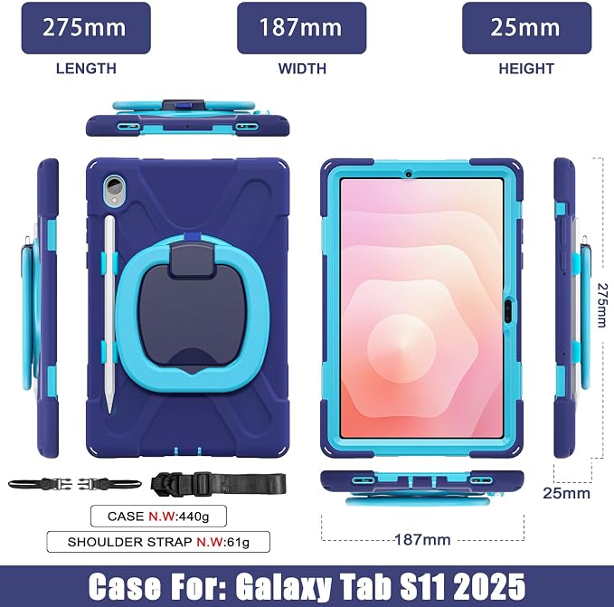 Batianda Heavy Duty Case for Samsung Galaxy Tab S11 2025 11 Inch with 360° Rotating Ring Stand &amp Shoulder Strap Built-in S Pen Holder Shockproof Rugged Multi-Layer Protective Cover Black