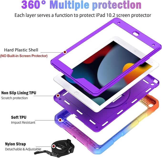 BMOUO for iPad 9th/8th/7th Generation Case 10.2 Black | Shockproof Rotating Stand Shoulder Hand Strap iPad 9th/8th/7th Generation Case with Pen Holder for iPad 10.2“ 2021/2020/2019