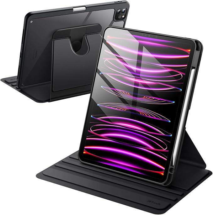JETech Rotating Case Cover for iPad Pro 11 4/3 Black | For 2022/2021 Model 360° Rotation Stand Clear Back Design Auto Wake/Sleep Pencil Holder Full Protection