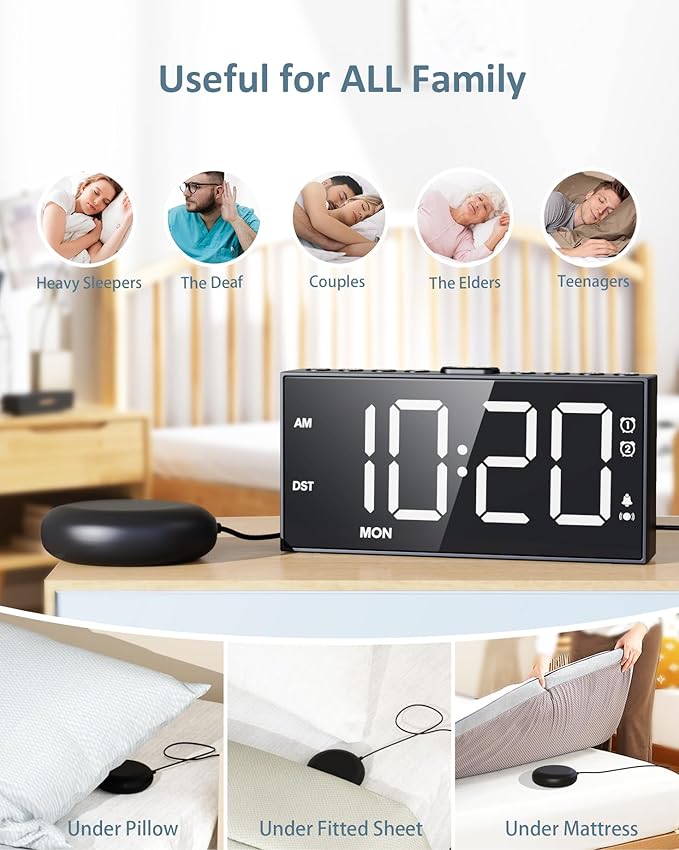 Loud Alarm Clock with Bed Shaker for Heavy Sleeper,3-level Vibrating,Large Digits,Weekday/Weekend Mode,Dual Alarms for Hard of Hearing/Deaf, 5 Volume,Dimmer,USB Charger,Snooze,Battery Backup
