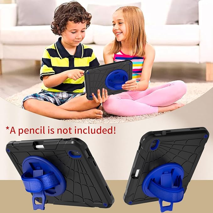 for iPad (A16) 11th/10th Generation Case 2025/2022 (11″/10.9″) Sturdy Heavy Duty Full-Body Shockproof Protective Case Rotating Stand Hand/Shoulder Strap (Black)